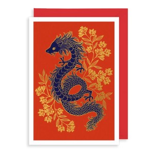 Поздравителна картичка - Дракон, златни цветя и червен фон